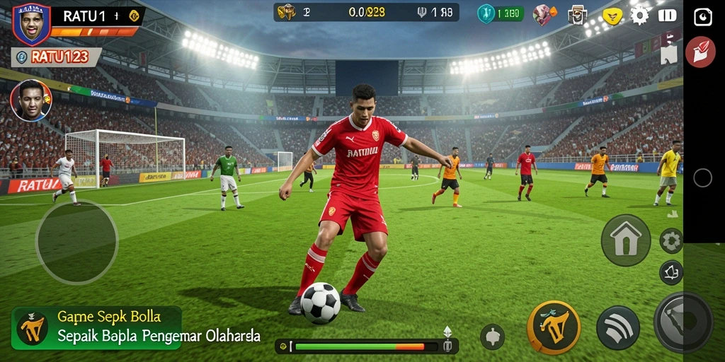 Screenshot menunjukkan aksi mendebarkan dalam RATU123 dengan pemain menendang bola.